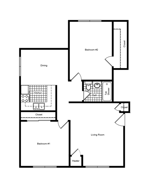 Floor plan for 2 beds, 1 bath, 950 sqft